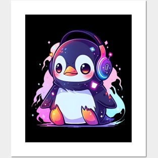 Cute Penguin With Headphones Posters and Art